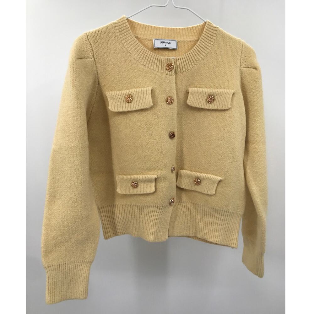 Rihoas Yellow Round Neck Knit Cardigan Sweater Gold Button One Size - Picture 9 of 9